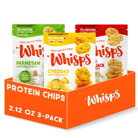Whisps Parmesan crisps in a bag offer high-protein, savory crunch for quick snacking.