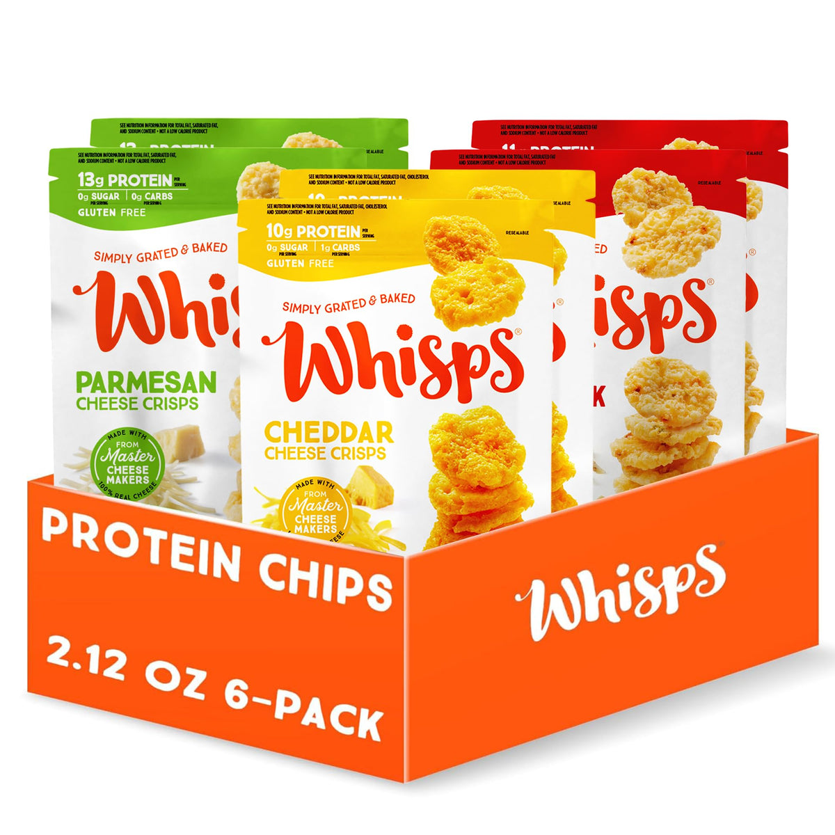 Whisps parmesan crisps 6-pack, protein-packed snack ready to enjoy.