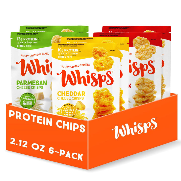 Whisps parmesan crisps 6-pack, protein-packed snack ready to enjoy.