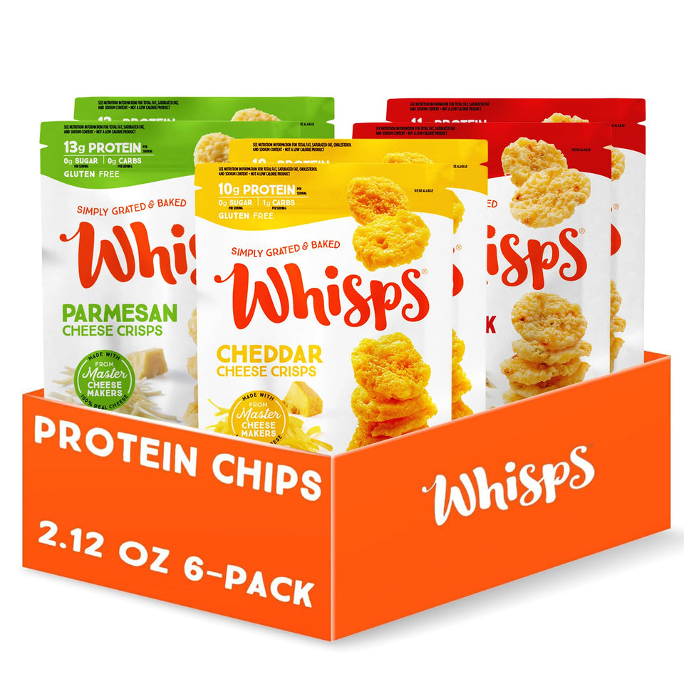 Whisps parmesan crisps 6-pack, protein-packed snack ready to enjoy.