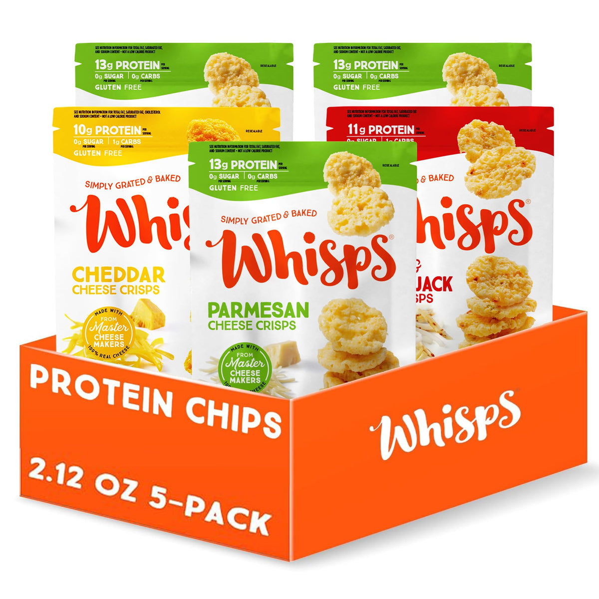 Whisps parmesan crisps pack shown as keto-friendly protein snack