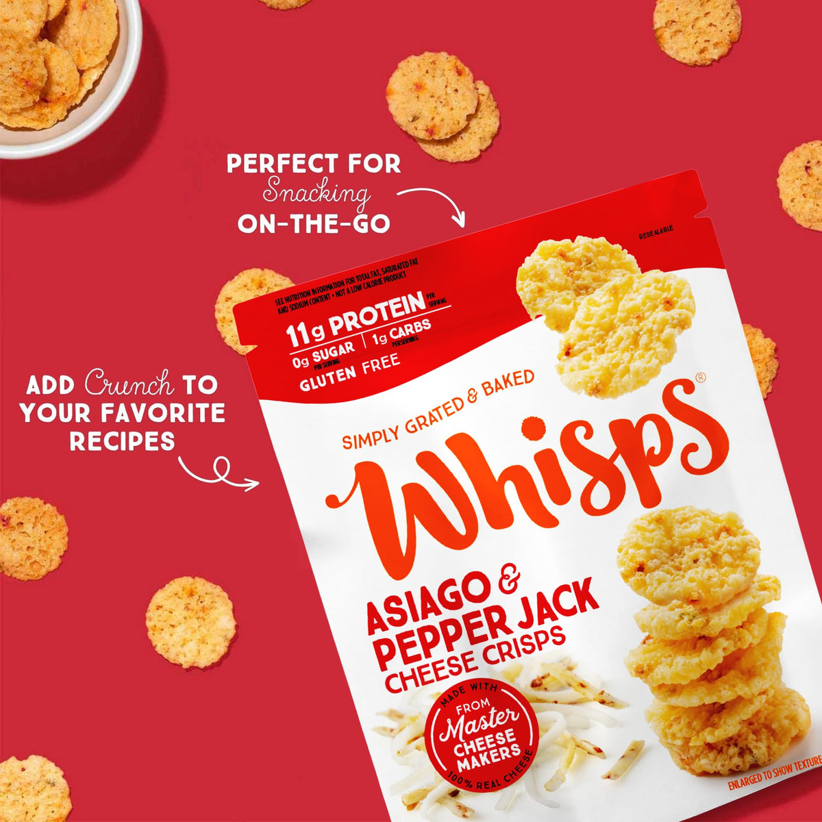 Whisps pepper jack crisps 6-pack, spicy flavor for snacking.