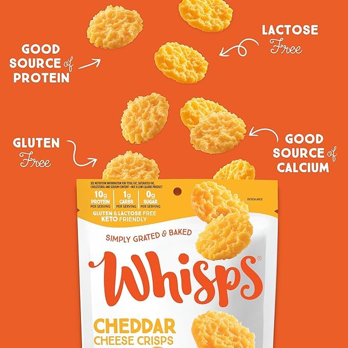 Whisps protein snacks pack showcases convenient, real cheese snacks.