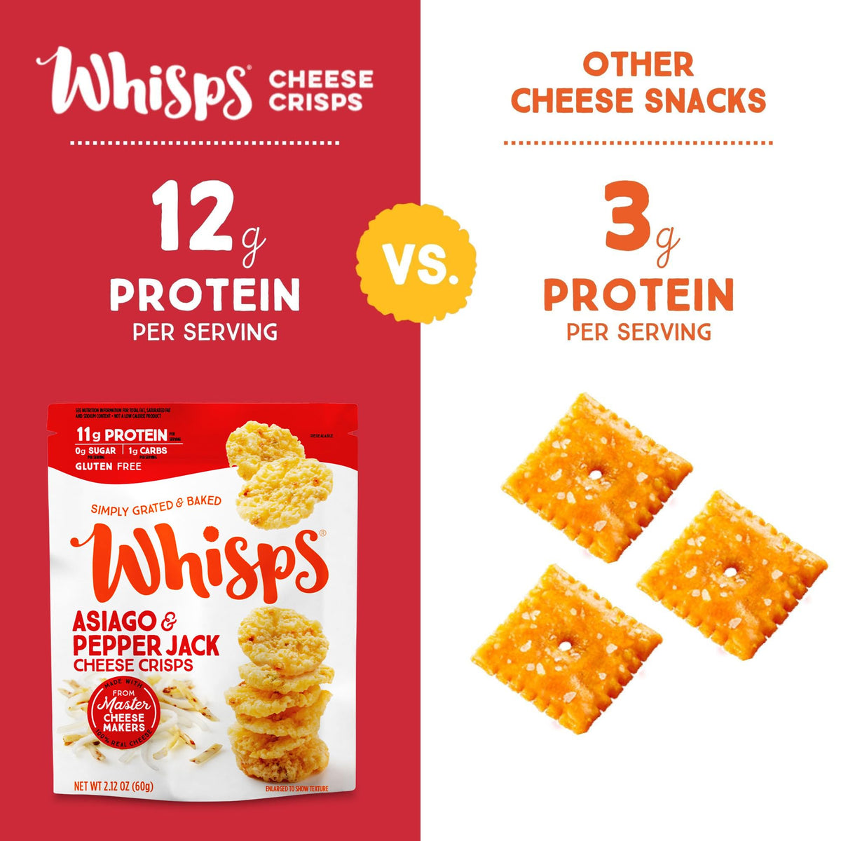 Whisps packaging highlights gluten-free and lactose-free attributes for mindful snacking.