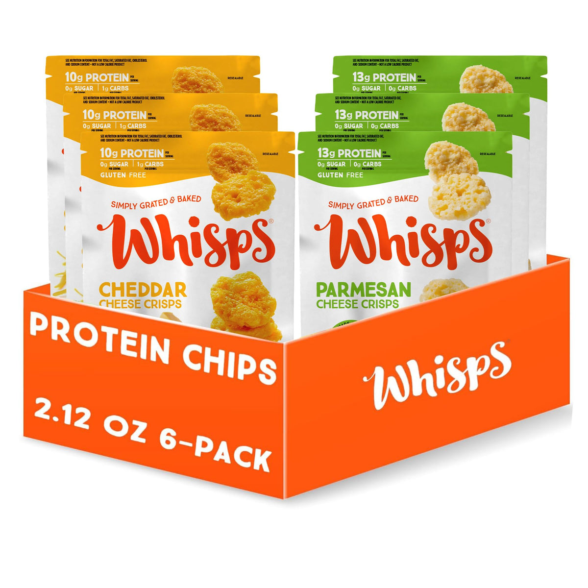 Whisps variety-pack display showing six bags for easy keto snacking.