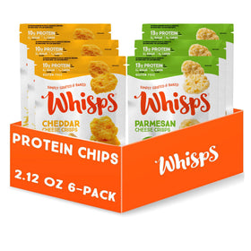 Whisps variety-pack display showing six bags for easy keto snacking.