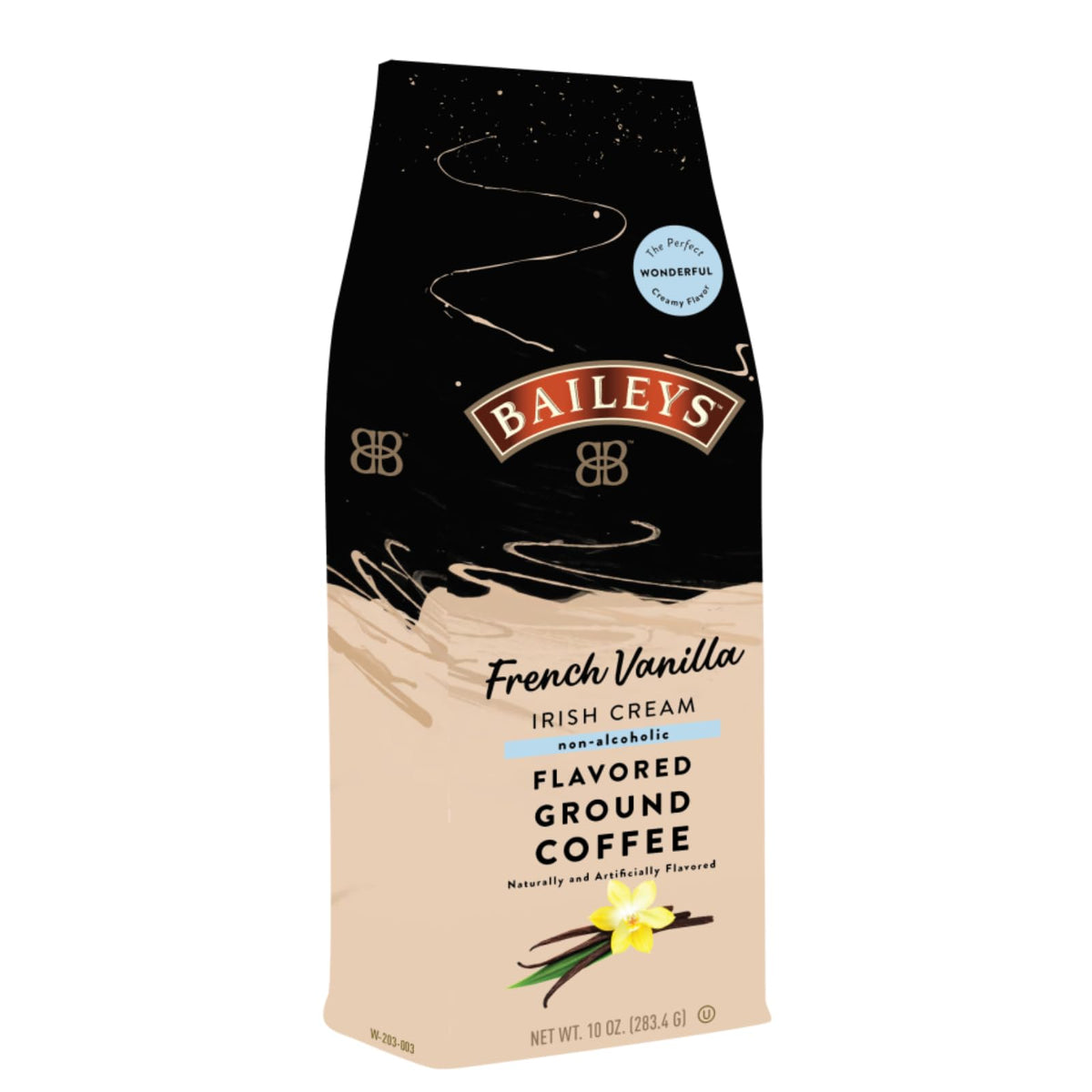 White Coffee Baileys Irish Cream French Vanilla ground coffee bag, rich aroma for morning rituals.