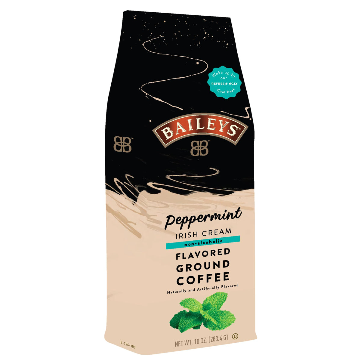 White Coffee Bailey's Peppermint Irish Cream ground coffee delivers a festive morning boost.