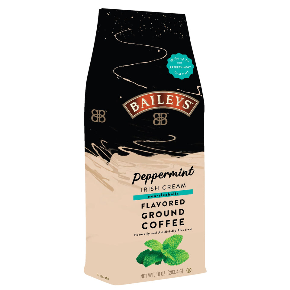White Coffee Bailey's Peppermint Irish Cream ground coffee delivers a festive morning boost.