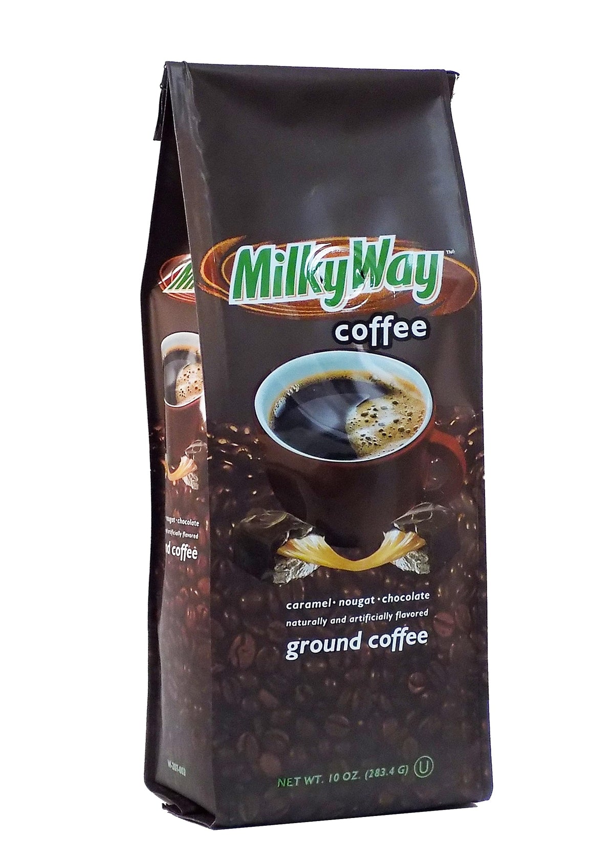 White Coffee ground coffee, medium roast caramel nougat chocolate Milky Way flavor, a tasty morning pick-me-up.