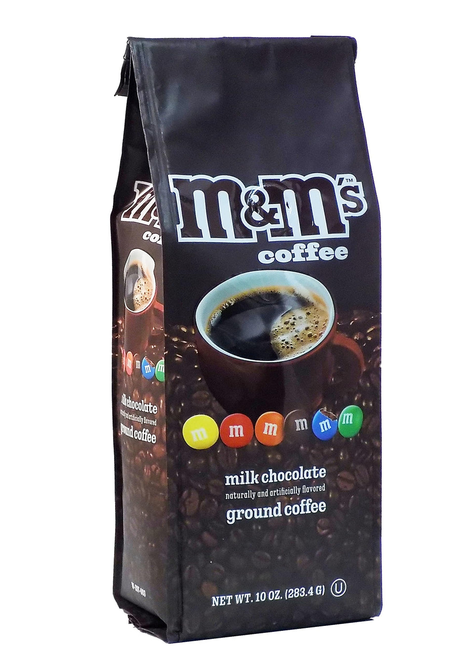 White Coffee milk chocolate M&M flavored ground coffee in a 10oz bag, ideal for cozy mornings.
