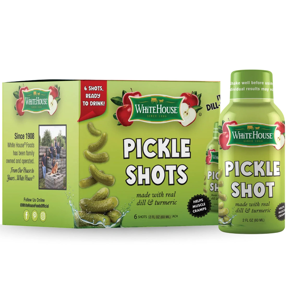 White House Pickle Shots bottle with dill and turmeric for on-the-go hydration