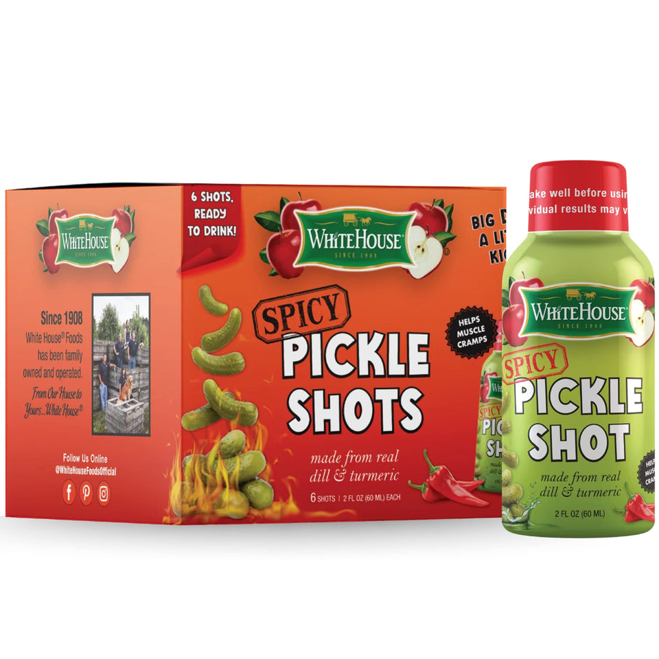White House Pickle Shots bottle with dill and turmeric for hydration on the go