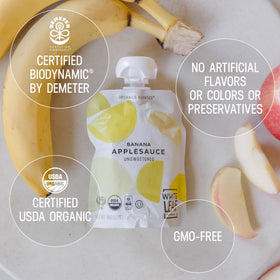 White Leaf Provisions applesauce BPA-free packaging shot emphasizes safe materials.