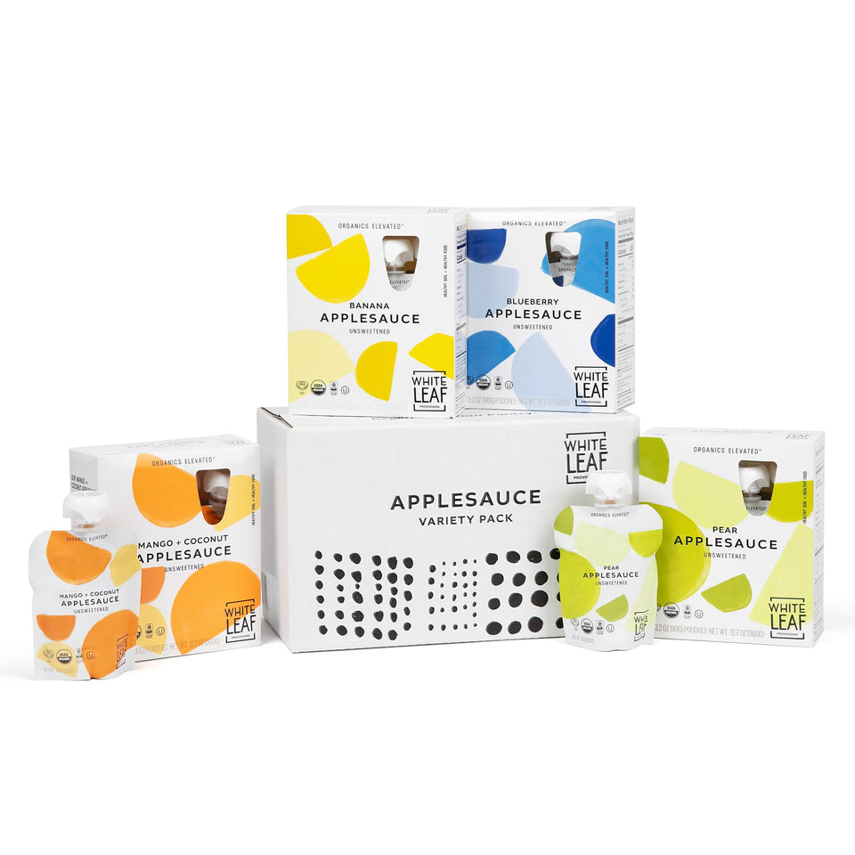 White Leaf Provisions applesauce variety pack front view, showcasing all flavors for family snacking.