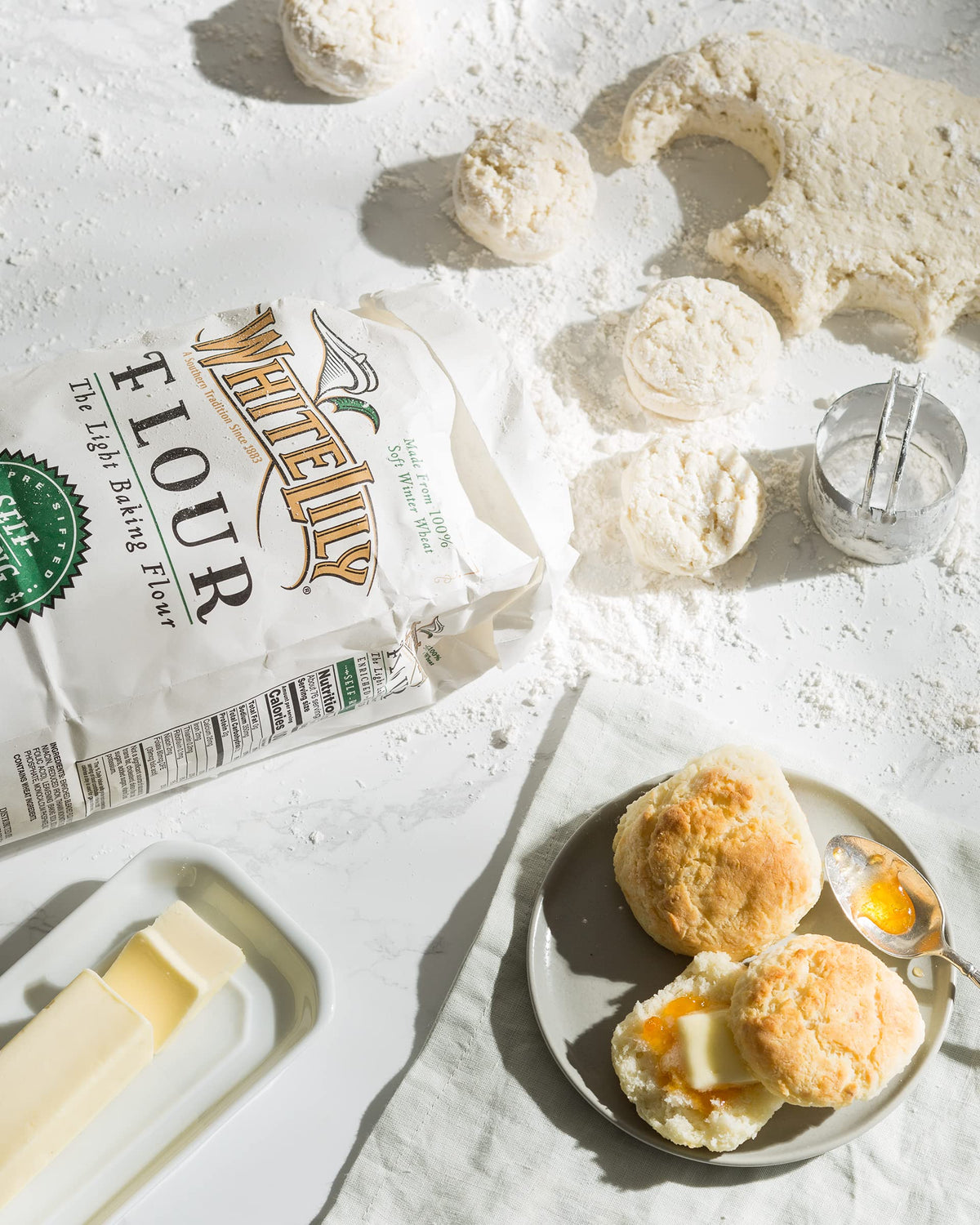 White Lily self-rising flour used to make light, flaky biscuits.