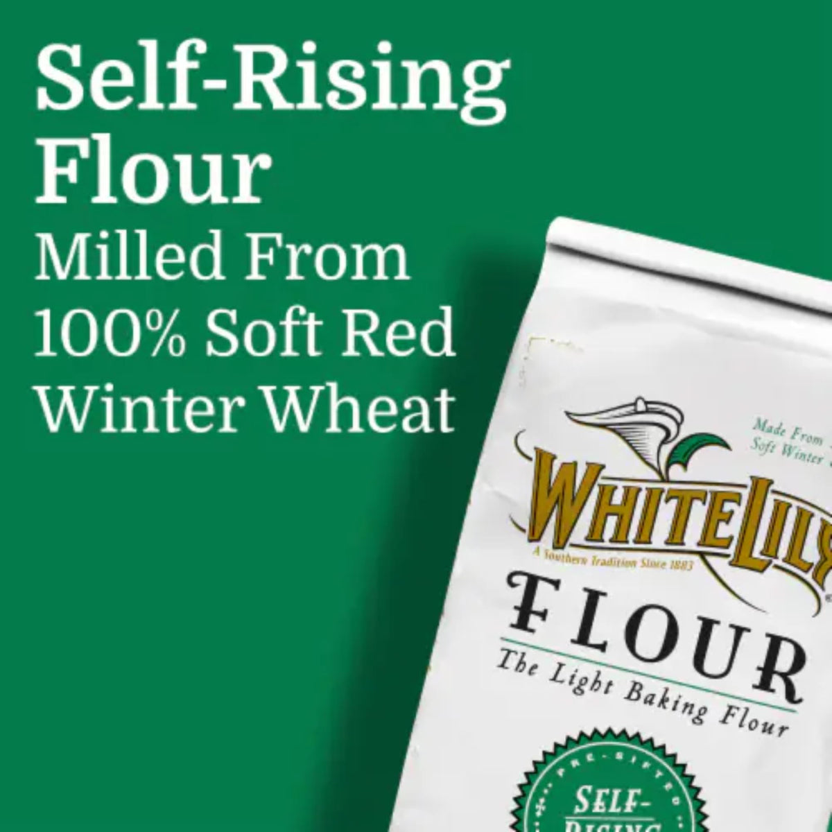 White Lily flour on a kitchen counter with measuring cups.
