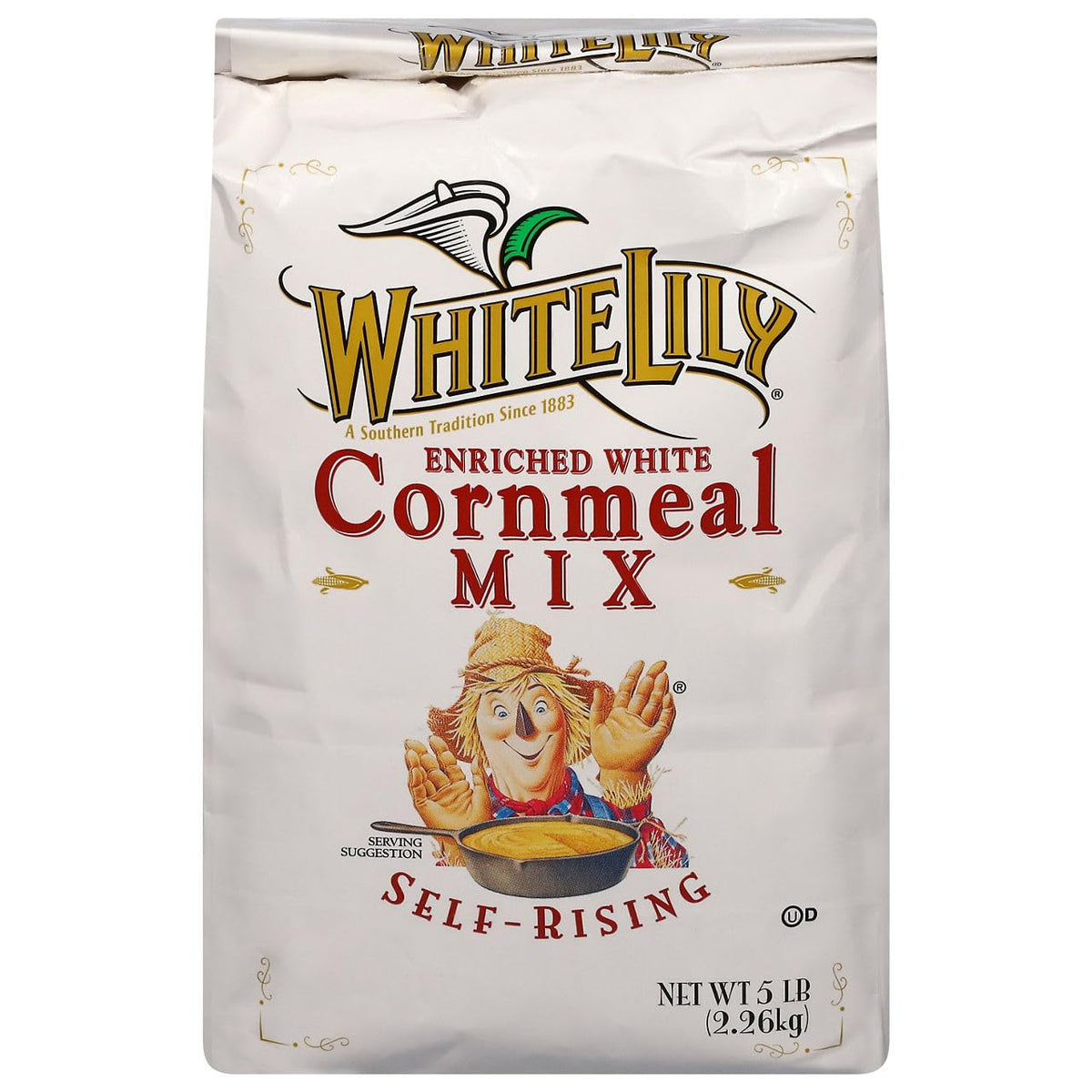 White Lily white self-rising cornmeal mix front label for quick, authentic Southern cornbread.