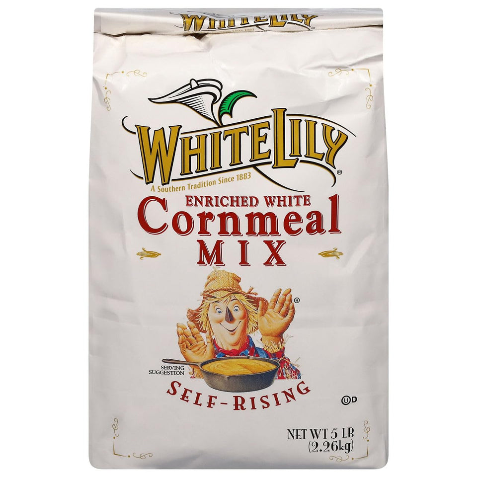 White Lily white self-rising cornmeal mix front label for quick, authentic Southern cornbread.