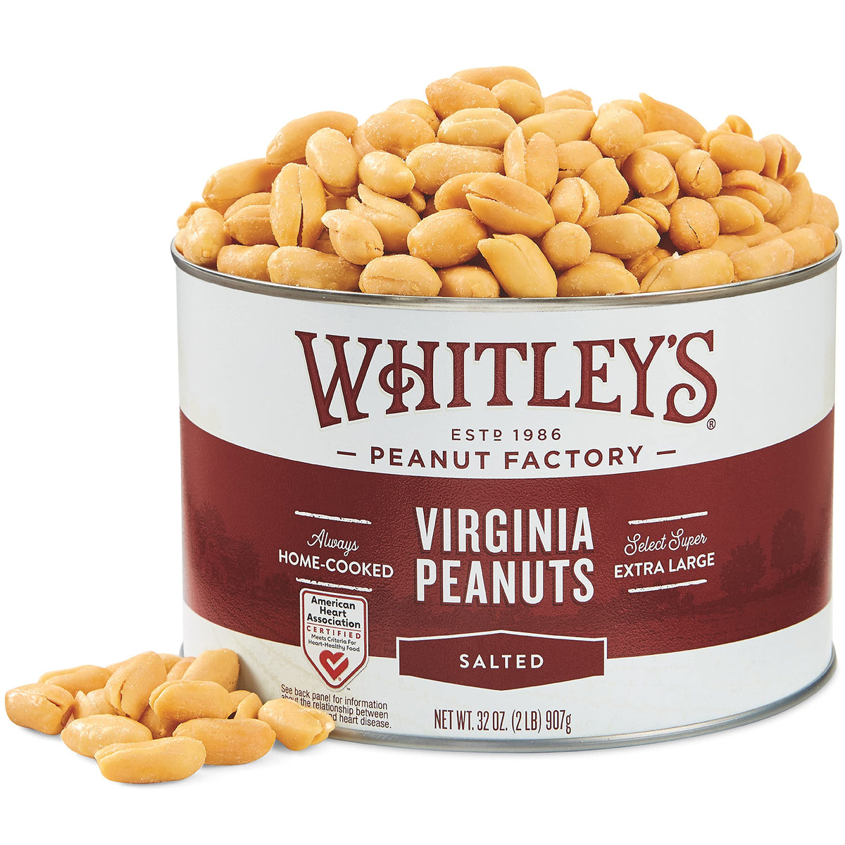 Whitley's salted Virginia peanuts in 32 oz tin, crisp and fresh.
