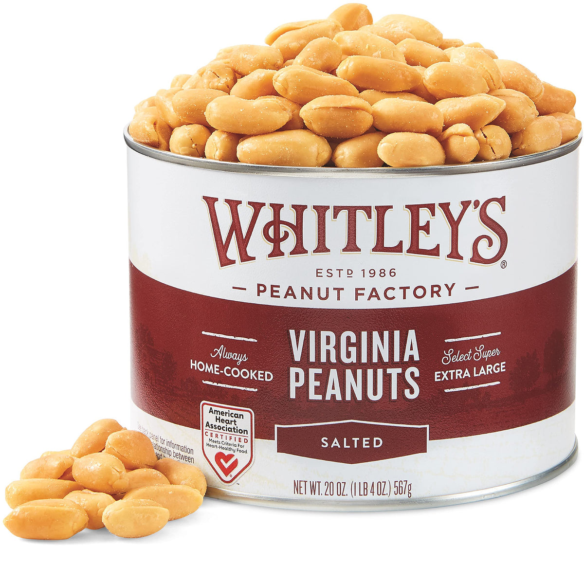 Whitley's Salted Virginia Peanuts in a 20oz tin, premium hand cooked texture.
