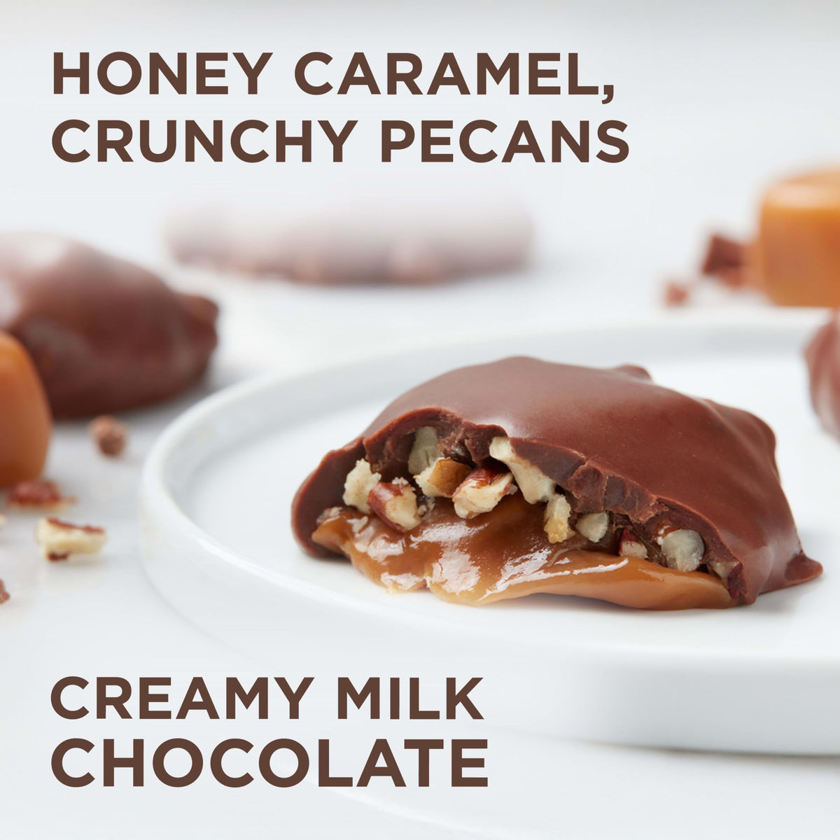 Whitman's honey caramel pecans closeup showing creamy caramel with pecans