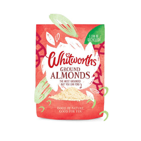 Whitworths Ground Almonds 150g packaging on shelf, pantry staple for baking.