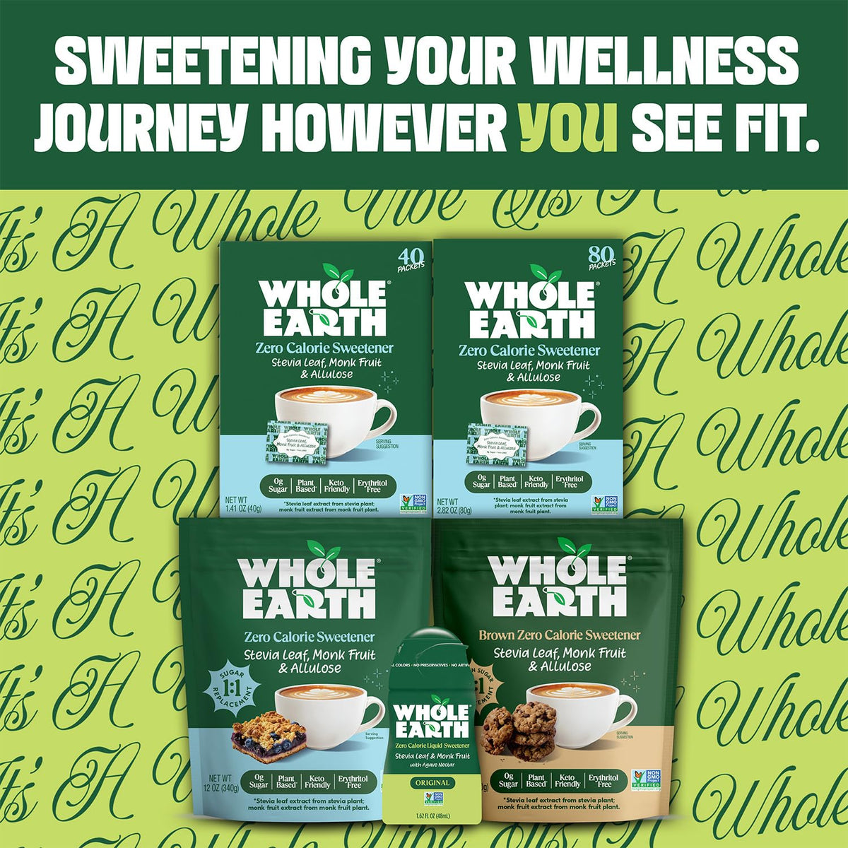 Whole Earth 400-count pouch packaging, convenient grab-and-go sweetener for daily use.