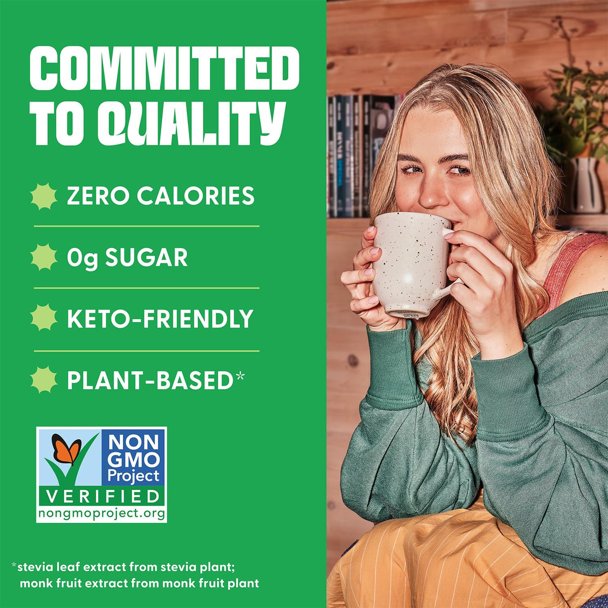 Whole Earth coffee and tea usage, pour-friendly sweetness without calories.