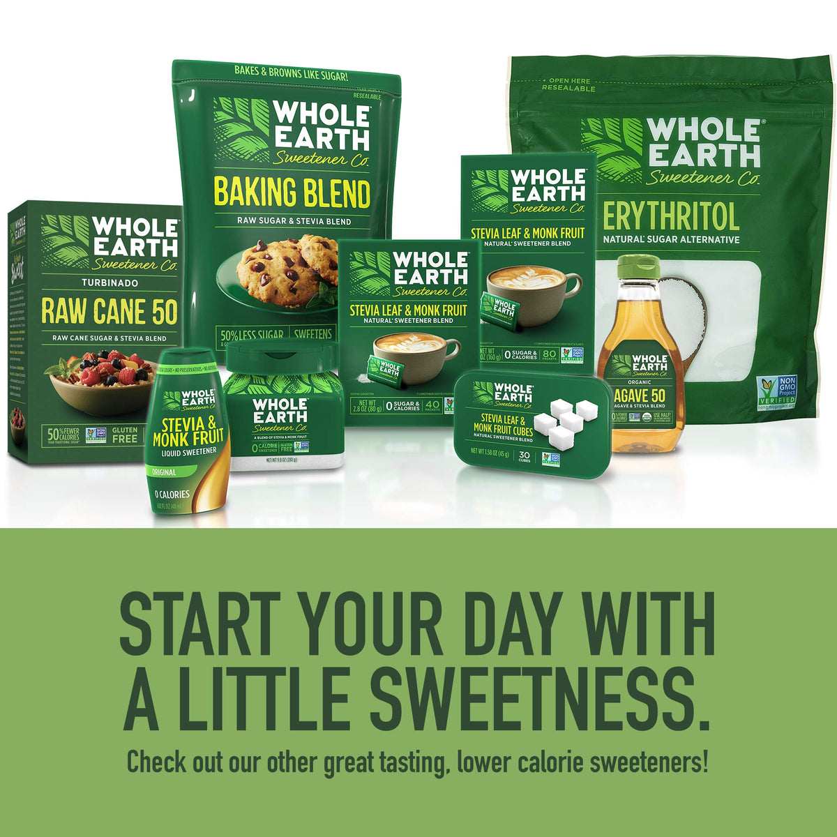 Whole Earth erythritol featured in a dessert or baked good showcase.