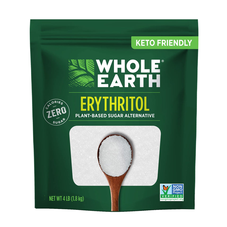Whole Earth erythritol pouch front view highlighting zero calorie sweetness.