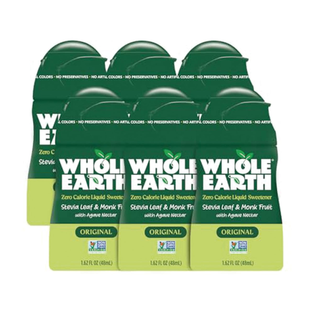 Whole Earth liquid stevia and monk fruit bottle being squeezed for easy pour.