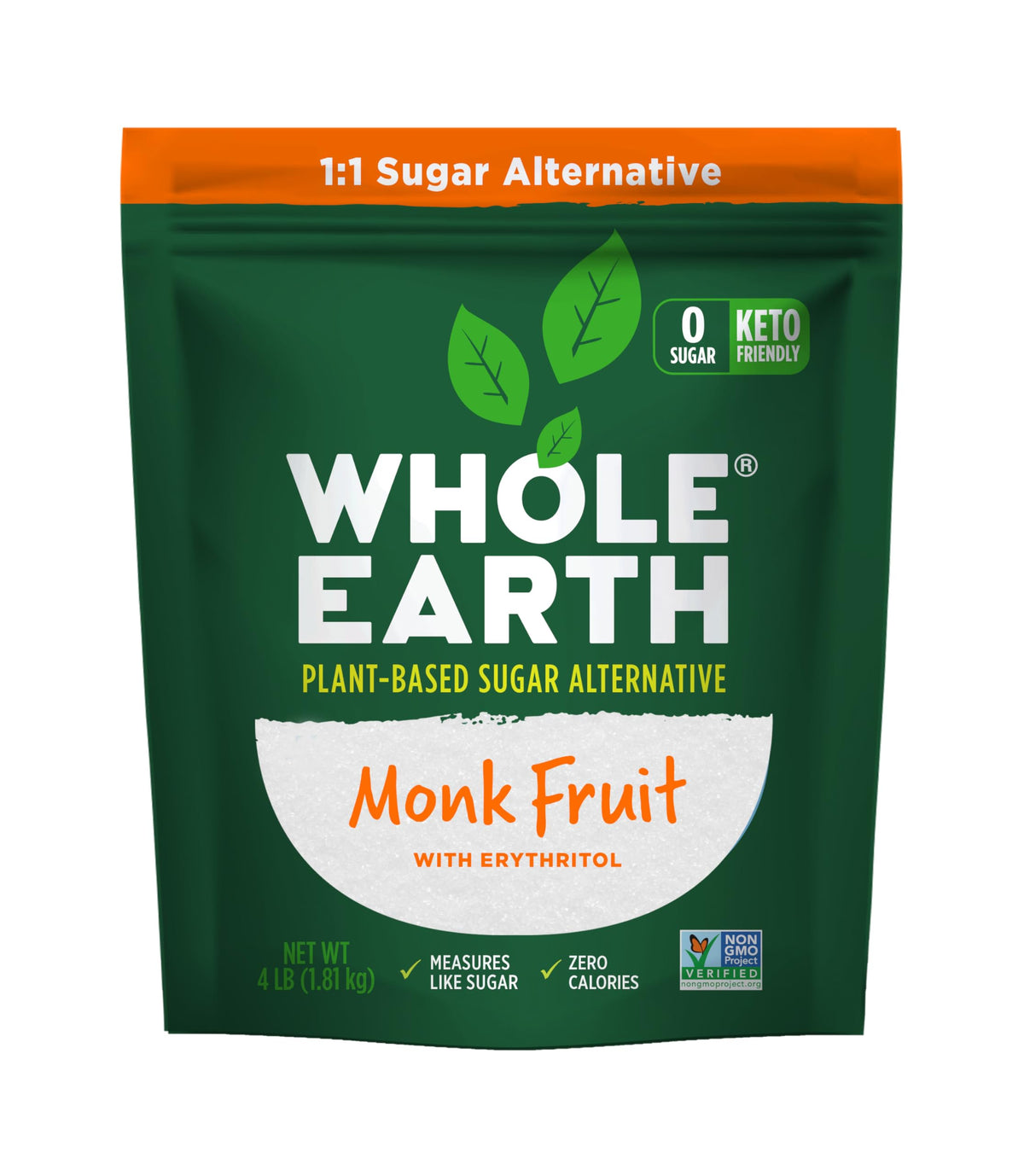 Whole Earth Monk Fruit Sweetener jar, ideal for coffee and baking.