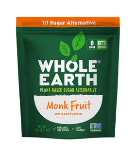 Whole Earth Monk Fruit Sweetener jar, ideal for coffee and baking.