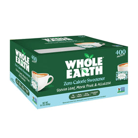 Whole Earth stevia-monk-fruit-allulose packets hero, a zero-calorie sweetness option for beverages.