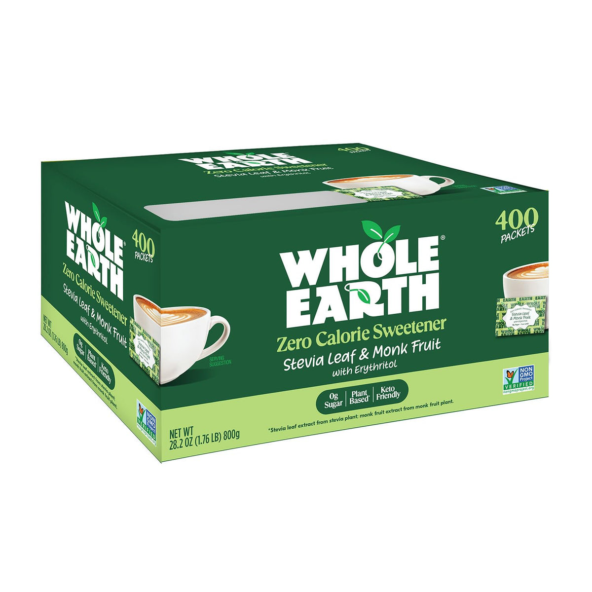 Whole Earth stevia-monk-fruit packets featured as the hero with zero-calorie sweetness.