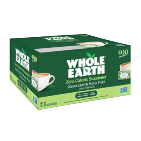 Whole Earth stevia-monk-fruit packets featured as the hero with zero-calorie sweetness.