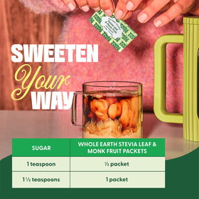 Whole Earth tea setup with packets for convenient, calorie-free sweetening.
