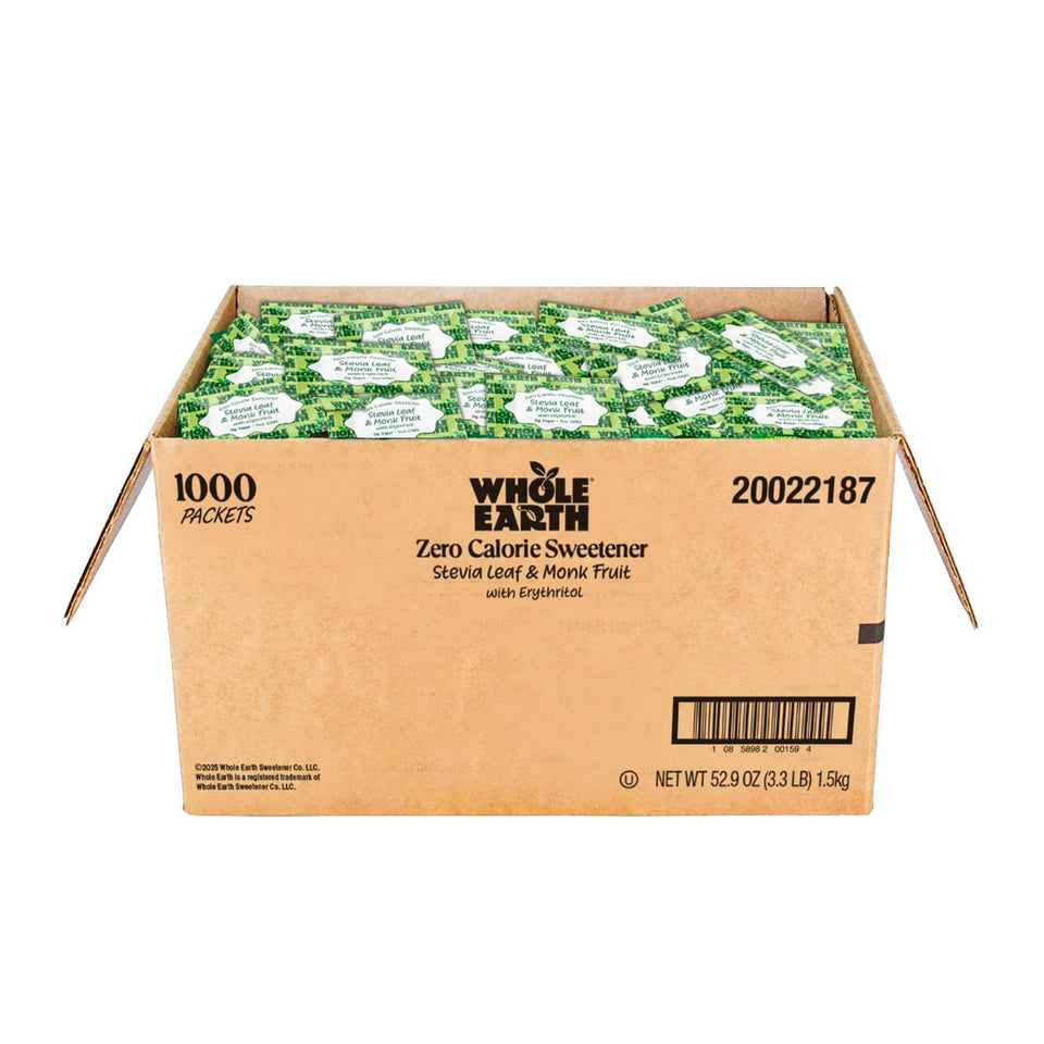 Whole Earth Sweetener packets ready to sweeten coffee or tea.
