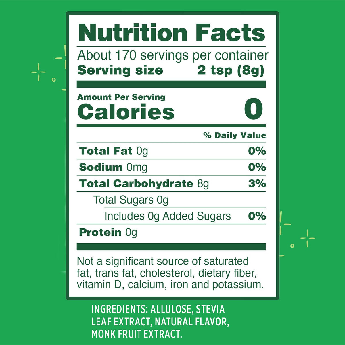 Whole Earth zero-calorie pouch back highlights ingredients and no calorie claim.