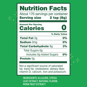Whole Earth zero-calorie pouch back highlights ingredients and no calorie claim.
