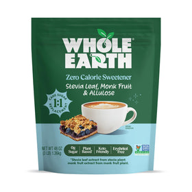 Whole Earth zero-calorie sweetener pouch front demonstrates keto-friendly packaging.