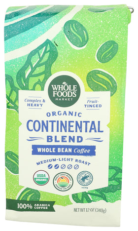Whole Foods Market Continental Blend coffee beans with a rich, fruit-tinged aroma.
