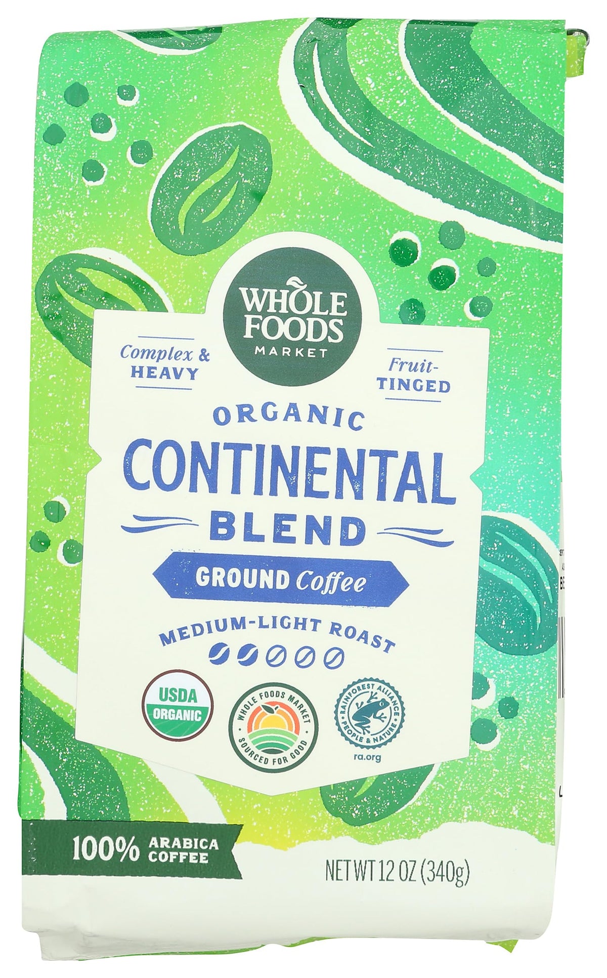 Whole Foods Market Continental Blend coffee pack with a medium-light, fruit-tinged flavor.