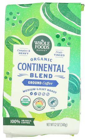 Whole Foods Market Continental Blend coffee pack with a medium-light, fruit-tinged flavor.