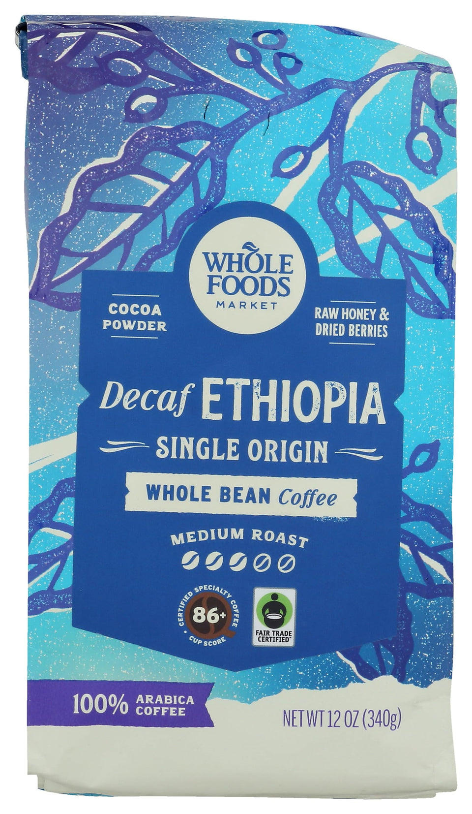 Whole Foods Market decaf Ethiopia coffee bag, fresh aroma and smooth finish.