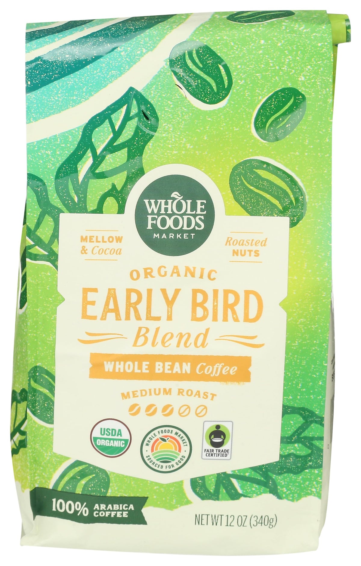 Whole Foods Market Early Bird Blend coffee bag with bold morning aroma.