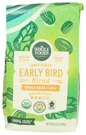 Whole Foods Market Early Bird Blend coffee bag with bold morning aroma.