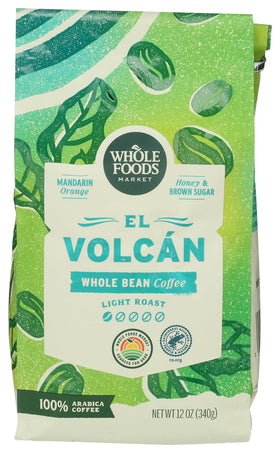 Whole Foods Market El Volcán light roast coffee bag showcasing 12 oz packaging for fresh brewing.
