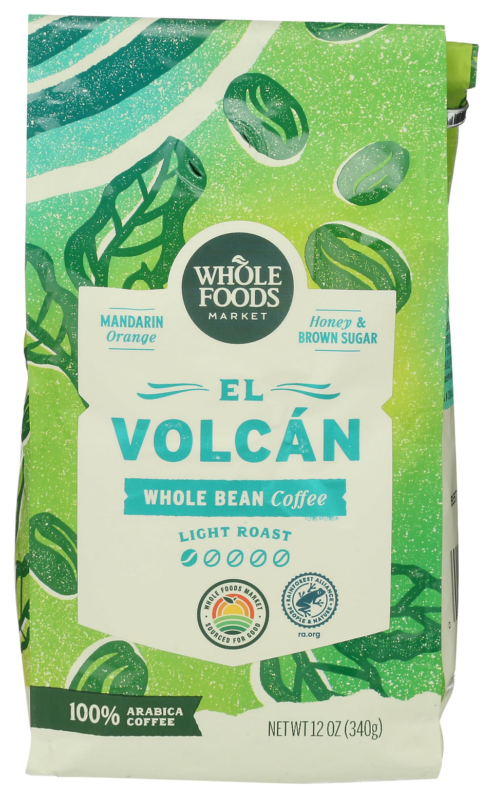 Whole Foods Market El Volcán light roast coffee bag showcasing 12 oz packaging for fresh brewing.